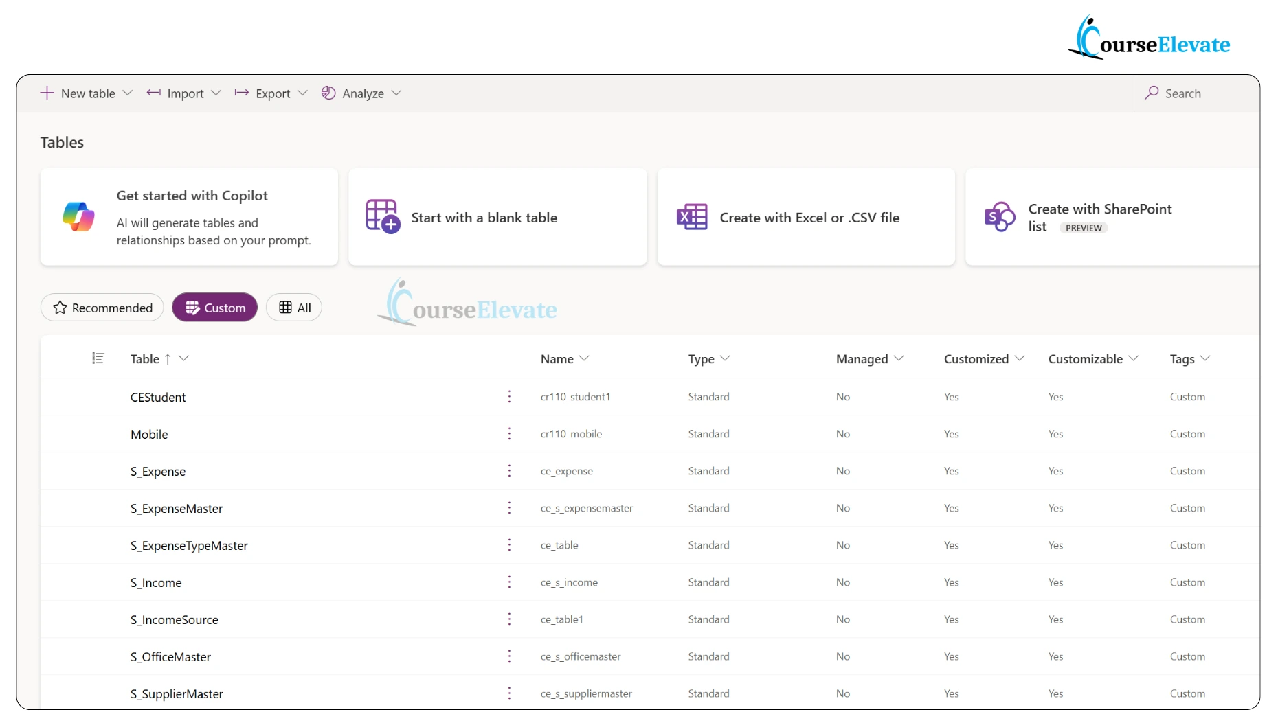 Custom Tables in Data Verse