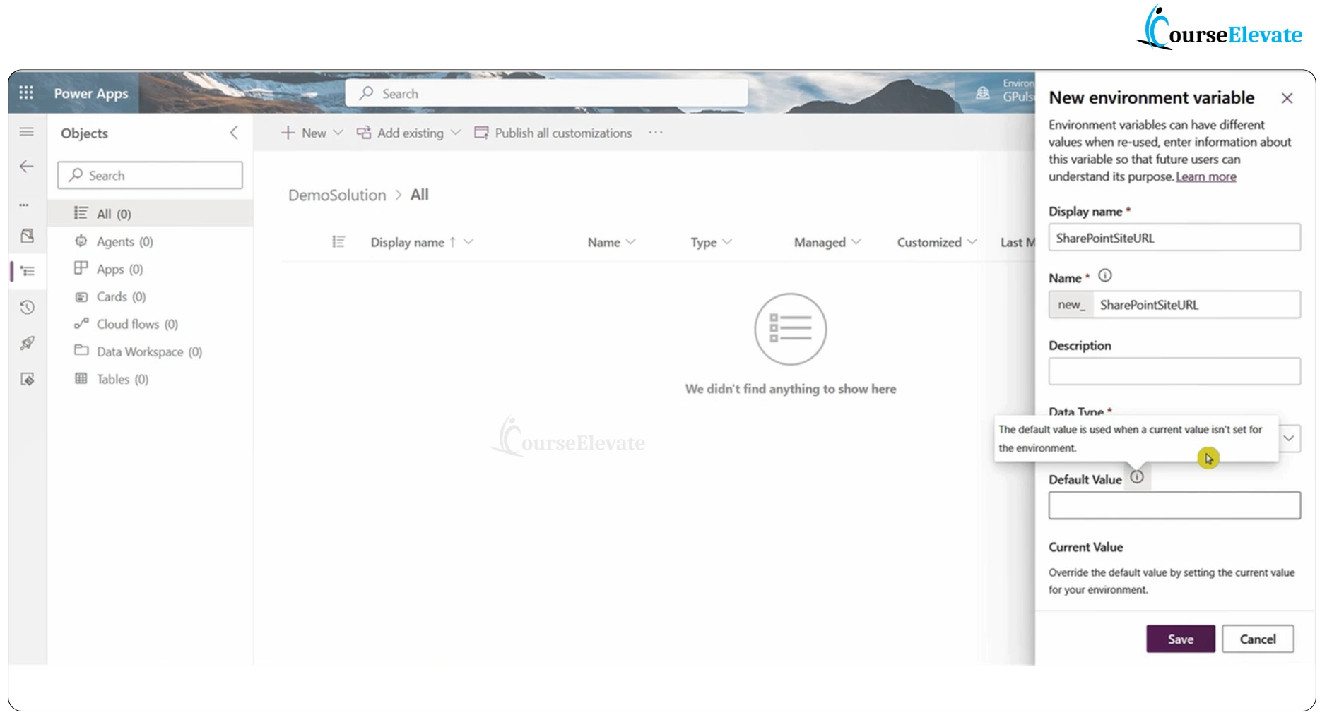 Default and current value fields for environment variables