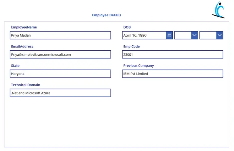 Example of Power Apps Edit Form with input fields for creating or updating employee records