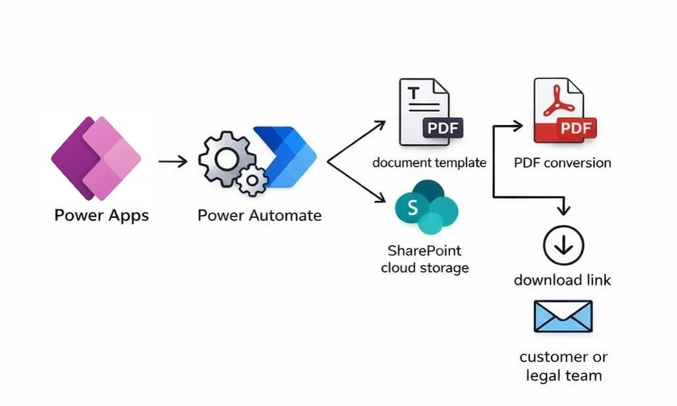High-level architecture of document generation in Power Apps using Power Automate, Word templates, and SharePoint