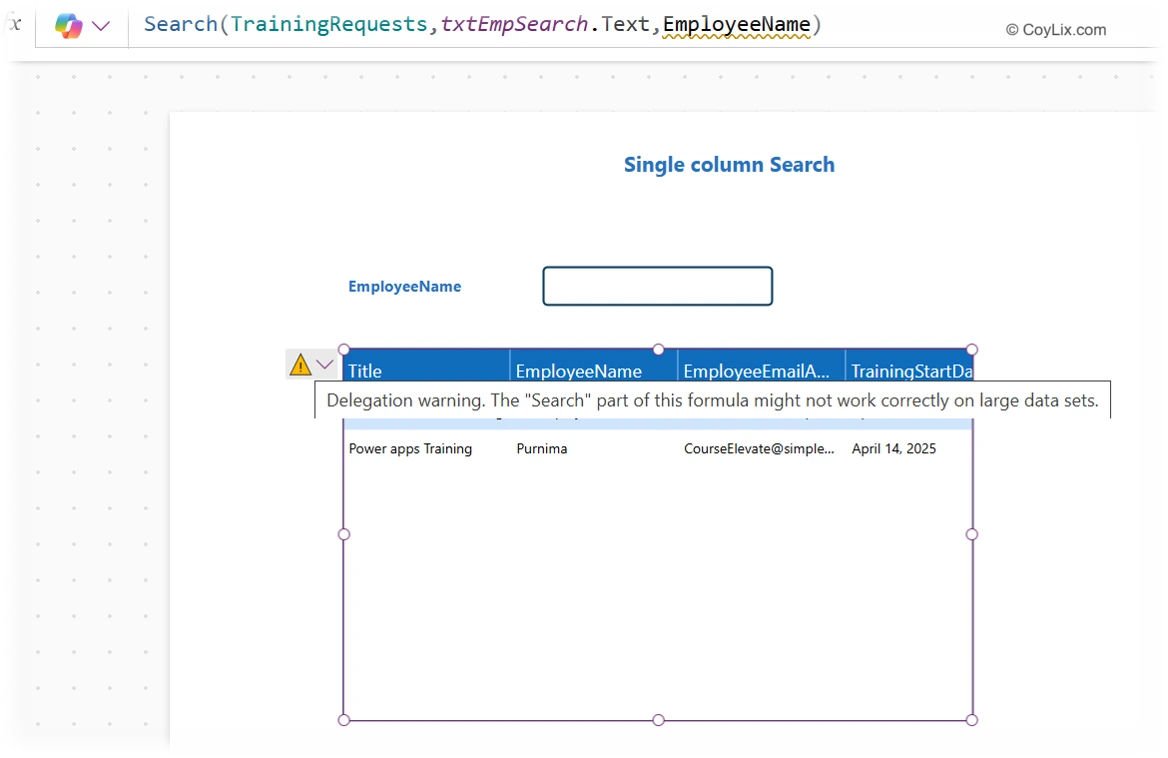 Power Apps delegation warning when using Search function in SharePoint list