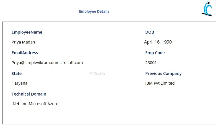 Example of Power Apps Display Form displaying employee record details in read-only mode by CoyLix