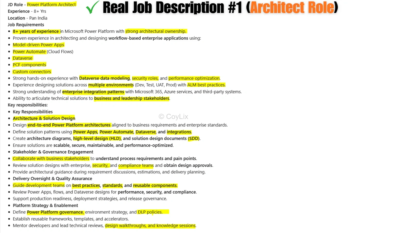 Power Platform architect real job description skills for 40 LPA by CoyLix