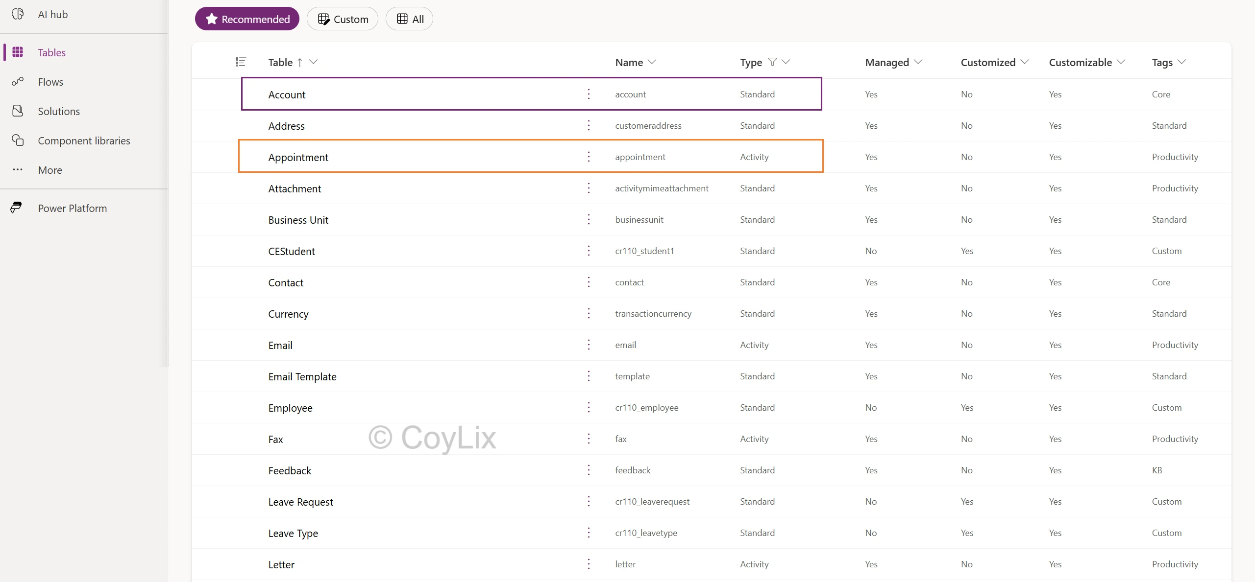 Dataverse-tables-showing-Activity-vs-Standard-types-in-Power-Apps-by-CoyLix